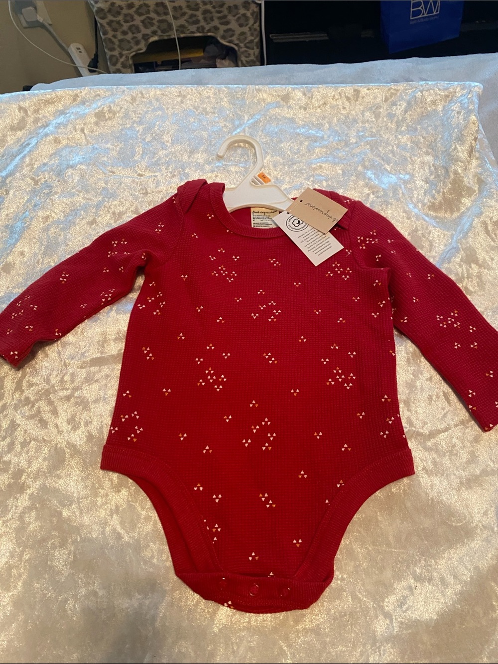 First Impression Long-Sleeve Baby One-Piece in Red with Micro Dot Pattern